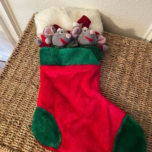 Vintage Velvet Stocking with 2 Gray Mice